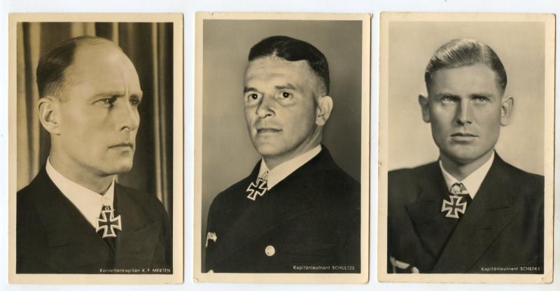3 KC Holder Cards. Kriegsmarine. Korvettenkpt K.F Merten, Kapitanlt Schultze, Kapitanlt Schepke