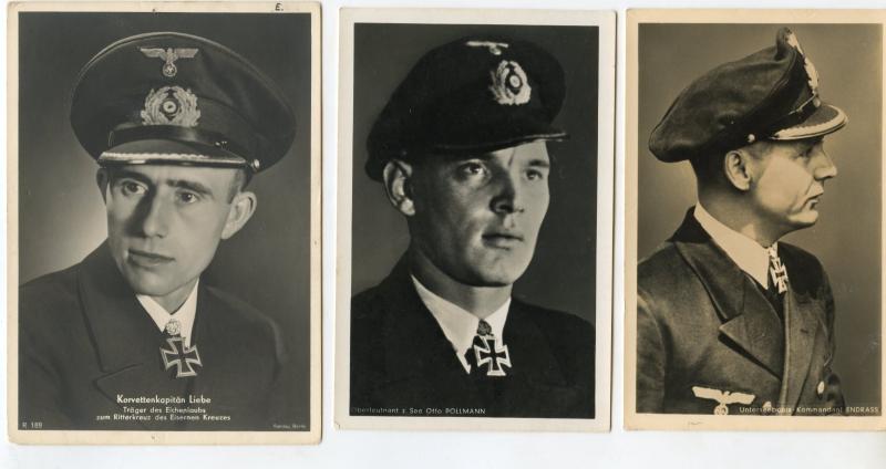 3 KC Holder Cards. Kriegsmarine. Korvettenkpt Liebe, Oblt z.See Pollmann, U Boot Kmdt Endrass