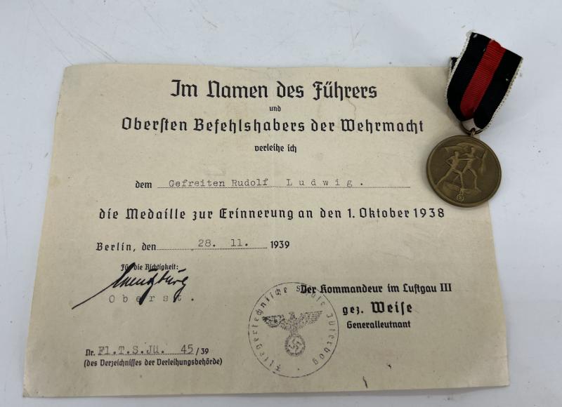 Sudetenland Annexation Medal 1 Oktober 1938 with doc.