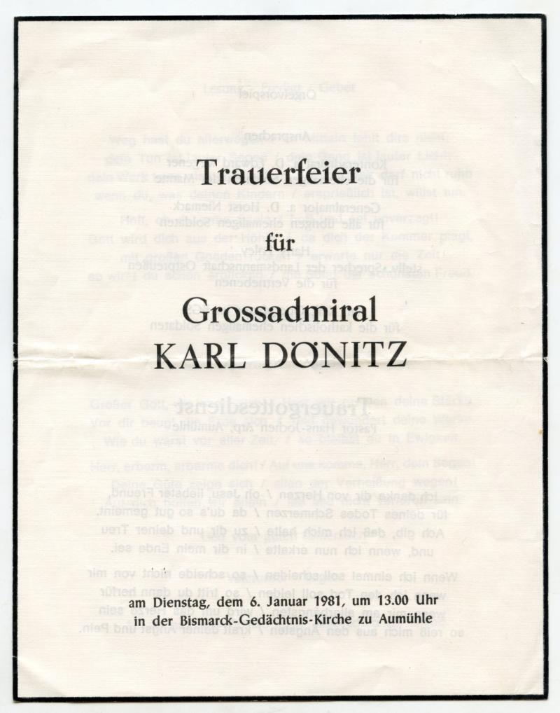 Trauer card Grossadmiral Karl Dönitz.
