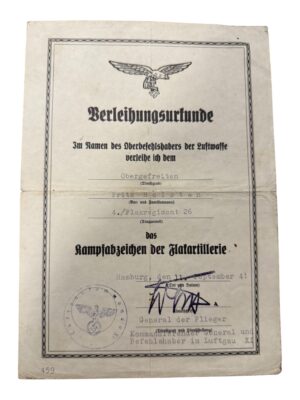 Award Document For Luftwaffe Flakkampfabzeichen / Flak Regiment 26