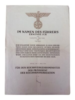 1944 Reichsbahn Promotion Certificate Zugführer Danzig