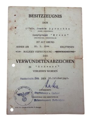 Black wound badge award doc Kampfgruppe Kress